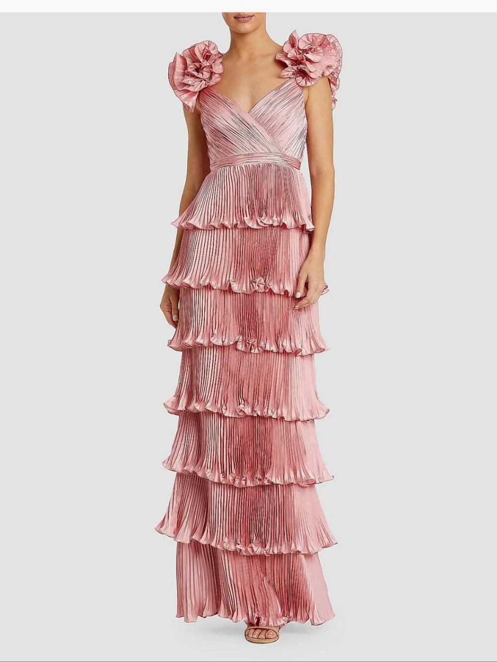 Mac Duggal NWT $498 Rose Pink Pleated Ruffle Tiered Maxi Gown Size 8 Old Money